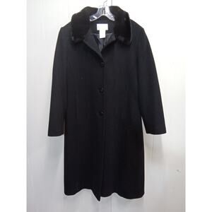 Worthington Womens Black Wool Faux Fur Detail Trench Coat (Size 14)